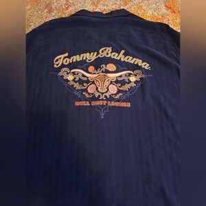 Tommy Bahama Shirt XL Dark Blue Silk “Bull Shot Lounge” Embroidered